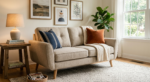 Mid-Century Modern Beige Fabric Loveseat - Image 3